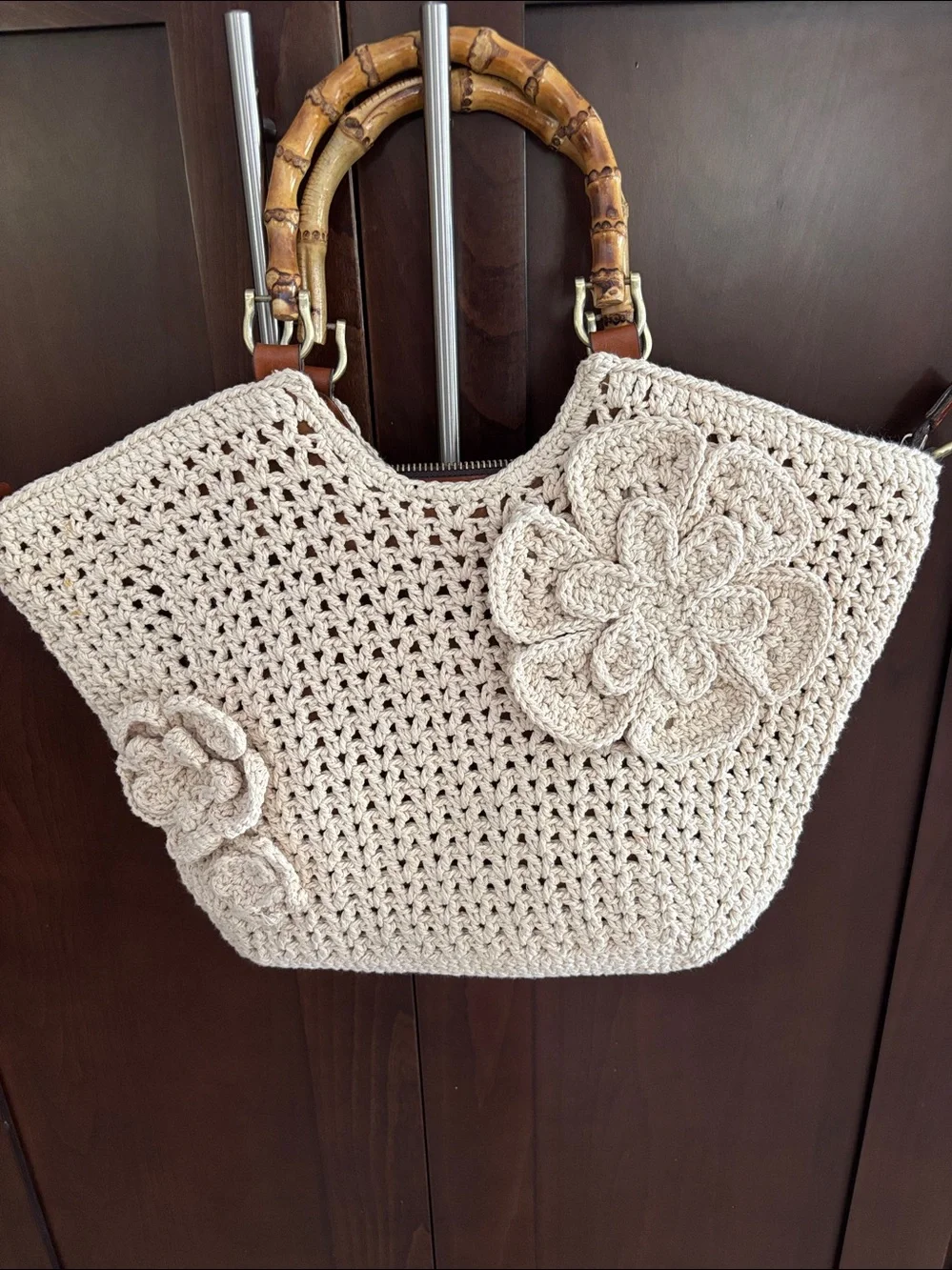 Patricia Nash Mazara Cream Crochet Tote with Bamboo Handles